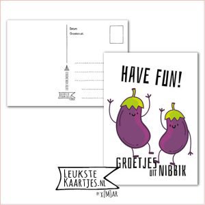 Kaart Op Kamp -> JoMeGiNi - Thuisblijvers No: 51 /4-11 (Have fun! Groeten uit Nibbik - Dansende aubergines)