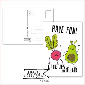 Kaart Op Kamp -> JoMeGiNi - Thuisblijvers No: 52 /4-12 (Have fun! Groeten uit Nibbik - Dansende radijs en avocado)