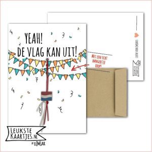 Kaartkadootje -> Vlaggetje - No:10 (Yeah! De vlag kan uit! - Nederlandse vlag - Drie Vlaggenlijnen en confetti, gekleurd)^