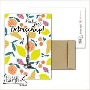 Kaartkadootje -> Hangertje Beterschap - No:03 (Heel veel Beterschap - Appeltjes hartjes - Fruit Geel/groen/oranje)