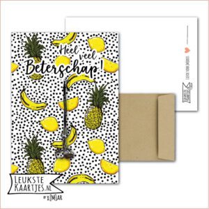 Kaartkadootje -> Hangertje Beterschap - No:04 (Heel veel Beterschap - Appeltjes hartjes - Fruit Ananas Banaan zwarte stippen)