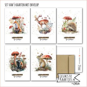 KaartenSet met Envelop -> Kerst - No: 10 (Winterdieren - Warme Kerstgroet, Fijne Feestdagen - Paddestoelen rood/wit, bos, Vos, Hert, Egel, Wasbeer, Haas)