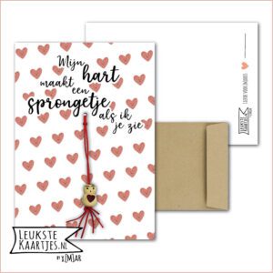 Kaartkadootje -> Gelukspoppetje Hartje - No:04 (Mijn hart maakt een sprongetje als ik je zie - Liefde - Roze Hartjes met glimlach)^