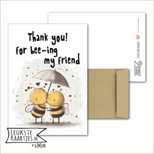 Kaart Dieren -> Bijen Bees - Nr 09 (Thank you! For bee-ing my friend - Twee bijen onder paraplu met hartjes regen)