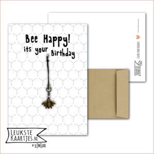 Kaartkadootje -> Hangertje Bees Bijtje - No:10 (BEE Happy! its your birthday - Bronskleurig hangertje - Honingraat gestippeld, zwart/wit)