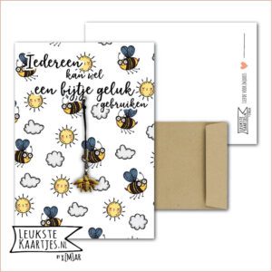 Kaartkadootje -> Hangertje Bees Bijtje - No:04 (Iedereen kan wel een bijtje geluk gebruiken - Goudkleurig hangertje - Bij met zon en wolk)