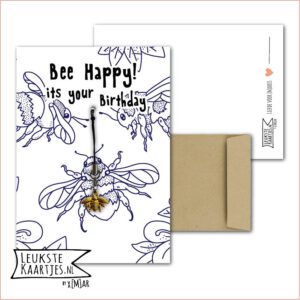 Kaartkadootje -> Hangertje Bees Bijtje - No:09 (BEE Happy! its your birthday - Goudkleurig hangertje - Grote blauwe Bijen)