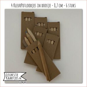 Uitdelers -> 6 doosjes met 4 Mini KleurPotloodjes 8,7 cm - No:03 (Wikkel Potloodjes - Kraft bruin kartonnen doosje, 4 kleuren Rood, Groen, Blauw, Geel)^ - Afbeelding 3