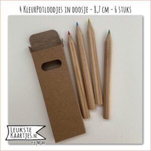 Uitdelers -> 6 doosjes met 4 Mini KleurPotloodjes 8,7 cm - No:03 (Wikkel Potloodjes - Kraft bruin kartonnen doosje, 4 kleuren Rood, Groen, Blauw, Geel)^ - Afbeelding 2