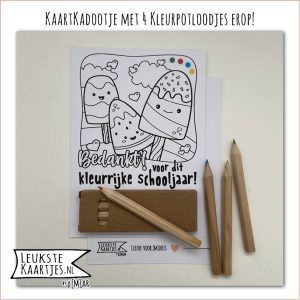 Kaartkadootje -> Kleurpotloodjes - Schooljaar - No:02 (Bedankt voor Kleurrijke schooljaar - Kleurplaat Zomerse ijsjes, Zwart/wit)^