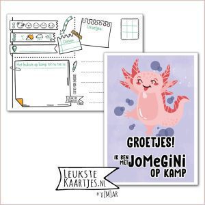 Kaart Op Kamp -> JoMeGiNi No: 102 /8-7 (Groetjes! Ik ben met JoMeGiNi op Kamp - Roze Axolotl salamander)
