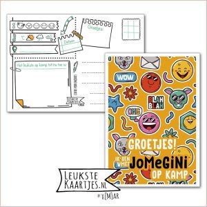 Kaart Op Kamp -> JoMeGiNi No: 103 /8-8 (Groetjes! Ik ben met JoMeGiNi op Kamp - Geel met Smilies/Smileys OMG WOW BLAH)
