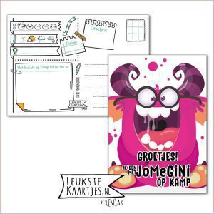 Kaart Op Kamp -> JoMeGiNi No: 104 /8-9 (Groetjes! Ik ben met JoMeGiNi op Kamp - Roze monster met lach en bril)