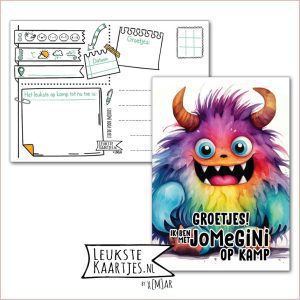 Kaart Op Kamp -> JoMeGiNi No: 105 /8-10 (Groetjes! Ik ben met JoMeGiNi op Kamp - Gekleurd pluizig monster met lach)