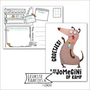 Kaart Op Kamp -> JoMeGiNi No: 107 /8-12 (Groetjes! Ik ben met JoMeGiNi op Kamp - Gekke Crazy hond met pootje)