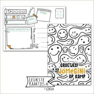 Kaart Op Kamp -> JoMeGiNi No: 112 /8-17 (Groetjes! Ik ben met JoMeGiNi op Kamp - Gesmolten Smilies/Smileys zwart/wit)