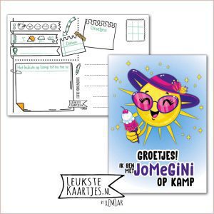 Kaart Op Kamp -> JoMeGiNi No: 114 /8-19 (Groetjes! Met JoMeGiNi op Kamp - Zon met paarse hoed, roze bril en ijsje)