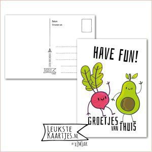 Kaart Op Kamp -> Thuisblijvers No: 52 /4 (Have fun! Groetjes van thuis - Dansende radijs en avocade)