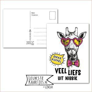 Kaart Op Kamp -> JoMeGiNi - Thuisblijvers No: 63 /5-8 (Dikke Knuffel, Veel Liefs uit Nibbik - Giraffe met geel/roze hartjes bril)