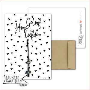 Kaartkadootje -> Hangertje Kruisje - No:01 (Geloof, Hoop, Liefde - Kruisje met open hartje - Zwartje hartjes)