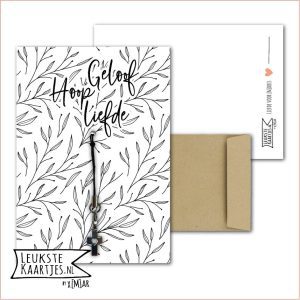 Kaartkadootje -> Hangertje Kruisje - No:02 (Geloof, Hoop, Liefde - Kruisje met open hartje - Zwart witte takjes met blaadjes)