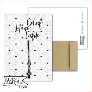 Kaartkadootje -> Hangertje Kruisje - No:03 (Geloof, Hoop, Liefde - Kruisje met open hartje - Zwart witte hartjes en stippen)