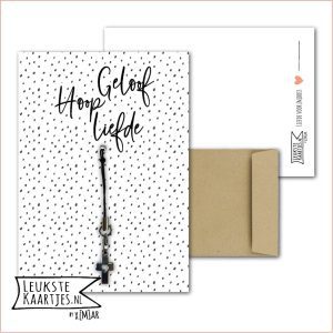 Kaartkadootje -> Hangertje Kruisje - No:04 (Geloof, Hoop, Liefde - Kruisje met open hartje - Zwart witte dots stippen)