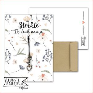 Kaartkadootje -> Hangertje Hartje - No:02 (Sterkte Ik denk aan je - Hartje open goudkleurig - Bloemen en takjes in zachte kleur)