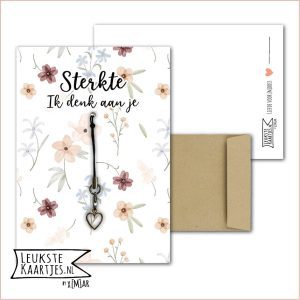 Kaartkadootje -> Hangertje Hartje - No:03 (Sterkte Ik denk aan je - Hartje open goudkleurig - Bloemen in zachte kleur)