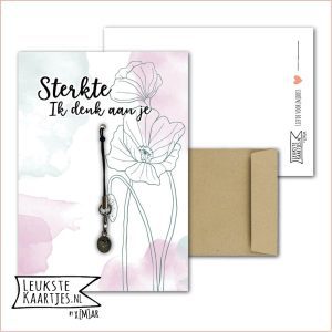 Kaartkadootje -> Hangertje Hartje - No:04 (Sterkte Ik denk aan je - Hartje in ovaal zilverkleurig - Watercolor papaver)