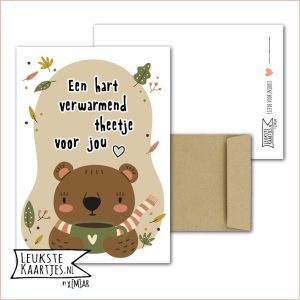 Kaart -> Warm Theetje - No:05 (Een hart verwarmend theetje voor jou - zonder theezakje - Beer met sjaal en herfstblaadjes)