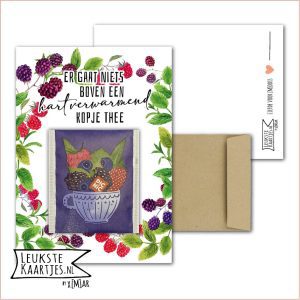 Kaartkadootje -> Theezakje - No:22 (Er gaat niets boven een hartverwarmend kopje thee - Bloemen/kruiden/fruit thee - Bosvruchten Forest Fruit met groen krans)