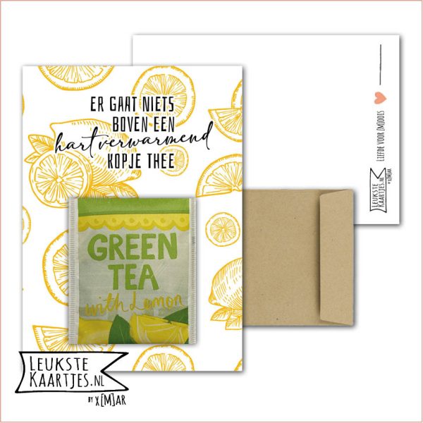 Kaartkadootje -> Theezakje - No:15 (Er gaat niets boven een hartverwarmend kopje thee - Bloemen/kruiden/fruit thee - Gele citroenen outline)