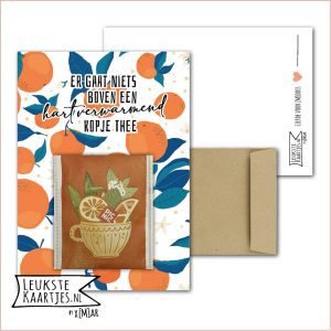 Kaartkadootje -> Theezakje - No:17 (Er gaat niets boven een hartverwarmend kopje thee - Bloemen/kruiden/fruit thee - Oranje sinaasappels met blad)