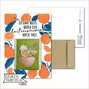 Kaartkadootje -> Theezakje - No:18 (Er gaat niets boven een hartverwarmend kopje thee - Bloemen/kruiden/fruit thee - Oranje sinaasappels frame)