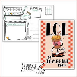 Kaart Op Kamp -> JoMeGiNi No: 124 /10-4 (LOL op JoMeGiNi Kamp - Beker drinken op een skateboard)