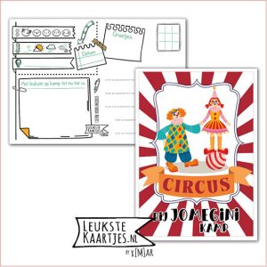 Kaart Op Kamp -> JoMeGiNi No: 143 /12-4 (CIRCUS bij JoMeGiNi kamp - Rood/wit Kader met clowns)
