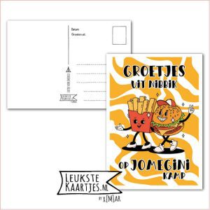Kaart Op Kamp -> JoMeGiNi - Thuisblijvers No: 75 /6-8 (Groetjes uit Nibbik op JoMeGiNi kamp - Patat en hamburger geel)