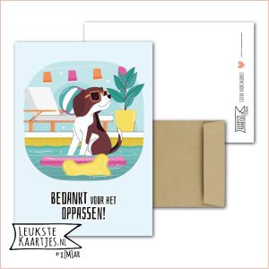 Kaart Dieren -> Klein Vriendje - Nr 25 (Bedankt voor het oppassen! - Coole hond /Beagle bij zwembad)