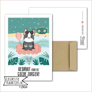 Kaart Dieren -> Klein Vriendje - Nr 26 (Bedankt voor de goede zorgen! - Schattig hondje bij zwembad met bandjes)
