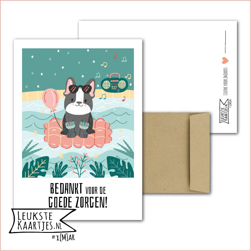 Kaart Dieren -> Klein Vriendje - Nr 26 (Bedankt voor de goede zorgen! - Schattig hondje bij zwembad met bandjes)