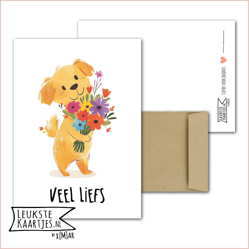 Kaart Dieren -> Klein Vriendje - Nr 15 (Veel Liefs - Schattig hondje met bloemen)