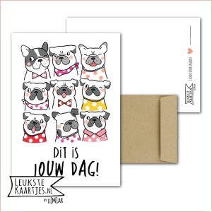 Kaart Dieren -> Klein Vriendje - Nr 17 (Dit is jouw dag! - Schattig hondjes /Franse buldog met strik)