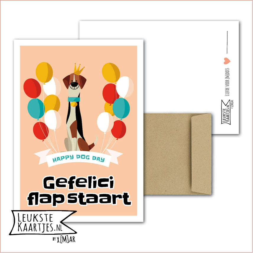 Kaart Dieren -> Klein Vriendje - Nr 18 (Happy dog day! Gefelici flapstaart - Hond met ballonnen en kroontje)