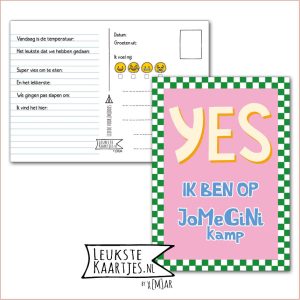 Kaart Op Kamp -> JoMeGiNi No: 153 /13-6 (YES ik ben op JoMeGiNi kamp - Groen geblokt met roze)