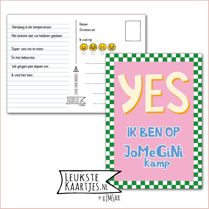 Kaart Op Kamp -> JoMeGiNi No: 153 /13-6 (YES ik ben op JoMeGiNi kamp - Groen geblokt met roze)
