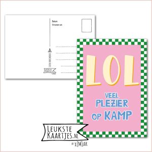 Kaart Op Kamp -> Thuisblijvers No: 72 /6 (LOL veel plezier op kamp β Groen geblokt met roze)
