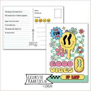 Kaart Op Kamp -> Kaarten Mee - No: 76 /7 (Fun Good Vibes op kamp – Smiley groene ruit)