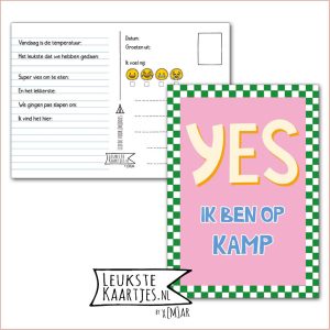 Kaart Op Kamp -> Kaarten Mee - No: 70 /7 (YES ik ben op kamp – Groen geblokt met roze)