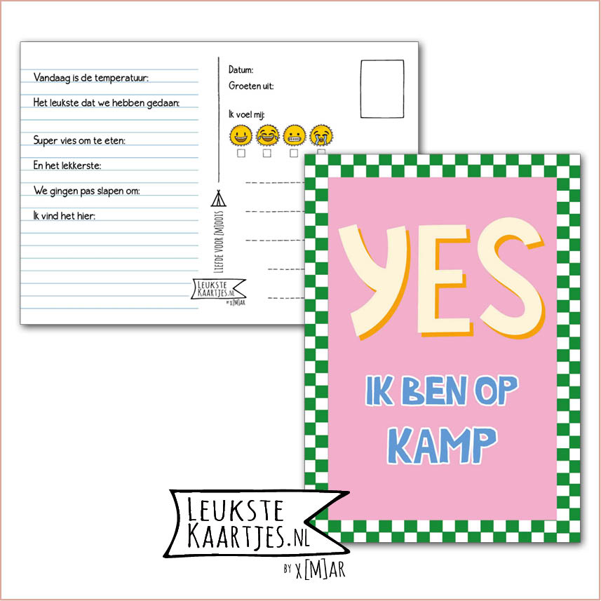 Kaart Op Kamp -> Kaarten Mee - No: 70 /7 (YES ik ben op kamp – Groen geblokt met roze)